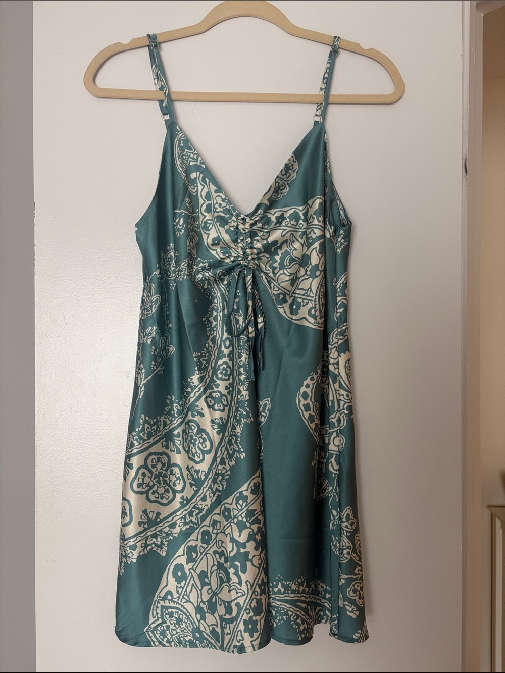Teal and Cream Printed Satin Slip Dress